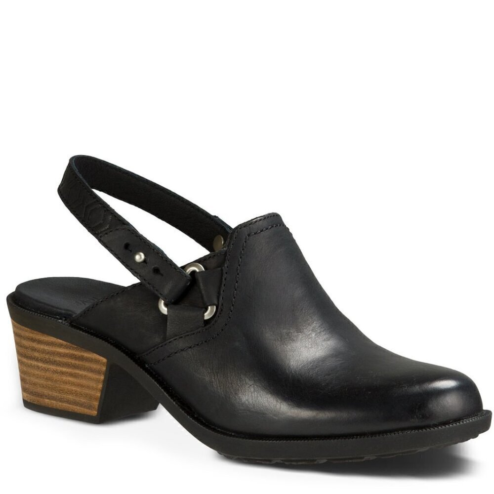 Teva Women's Black Foxy Leather Round Toe Slingback Strap Clog Mules Size 6.5